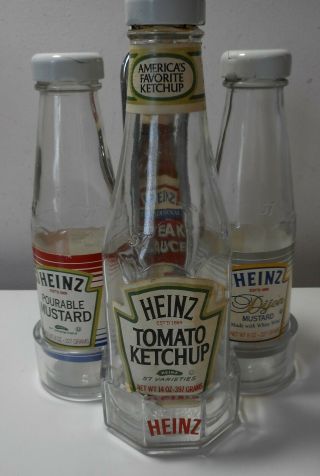 Vintage Acrylic Plastic Heinz Ketchup Mustard Caddy 4 Glass Bottles Condiments