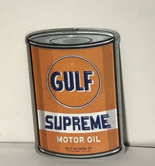 Gulf Supreme Motor Oil Can Shaped Metal 3 - D Embossed Advertising Sign 8 " X 5 "