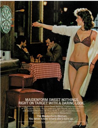 1983 Sexy Woman Maidenform : Woman Playing Dart Bra & Panty Print Ad
