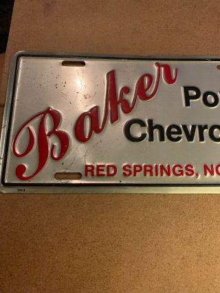 Vintage Baker Pontiac Chevrolet Dealer Car License Plate Vanity Red Springs Nc