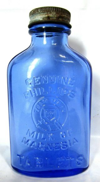 Phillips Milk Of Magnesia Tables Cobalt Blue Bottle - Steel Cap