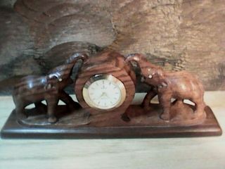 Vintage Hand Carved Hard Wood 2 Elephants Trunks Up Dresser/desk Clock