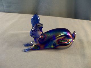 Rainbow Art Glass Cobalt Blue Carnival Glass Hand Blown Bunny Rabbit Figurine