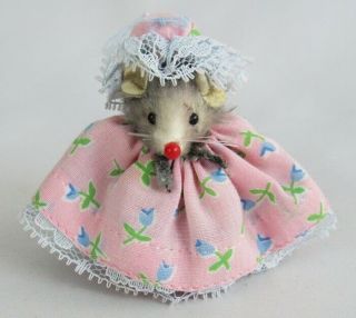 Little Mouse Factory Real Fur Lady With Pink Bonnet Blue Flower Dress