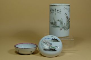 A Chinese Porcelain Brush Pot Vase With Ink Box.