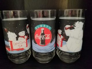 1995 Always Coca Cola Polar Bear Glasses,  Set Of 3