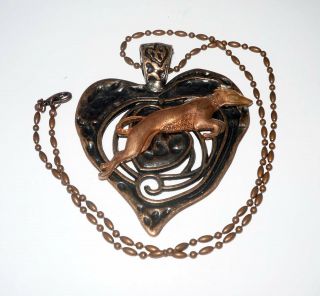 Rustic Copper Heart Pendant Wvintage Leaping Greyhound/whippet Dog,  Copper Neckl