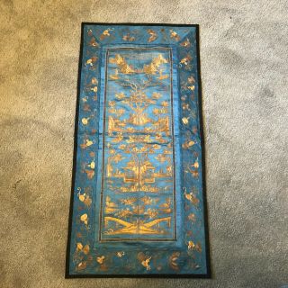 Old Chinese Embroidered Gold Silk Blue Ground Sleevebands (t7)
