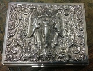 Vintage Indian Sterling Silver Cigarette / Small Cigar Box - Embossed Elephants 2