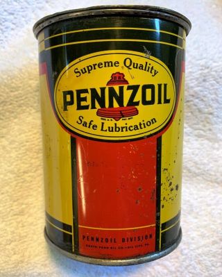 Vintage Pennzoil One Pound Steel Grease Can,  Supreme Quality,  Safe Lubrication