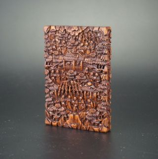 Antique Chinese Canton Sandalwood Wood Deep Carved Card Case 19th C Qing