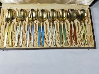 David - Andersen 925 S Sterling Silver Enamel Norwegian 16 Piece Spoon & Fork Set