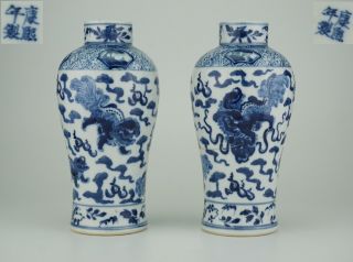 Pair Antique Chinese Blue And White Porcelain Vase Fu Dog Lion Kangxi Mark 19thc
