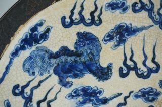 HUGE Antique Chinese Crackle Glazed Blue and White Porcelain Lion Plate Charger 6