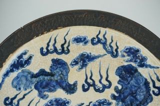 HUGE Antique Chinese Crackle Glazed Blue and White Porcelain Lion Plate Charger 7