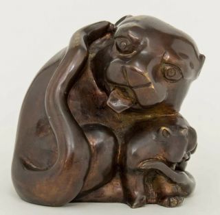 Antique Meiji Period Japanese Beast Bronze Foo Lion Dog Mother & Cub Sculpture