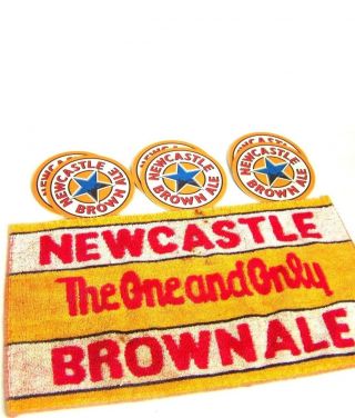 Older Newcastle 9 X 15.  5 Bar Towel & A Dozen 3.  25 " Draught Beer Coasters