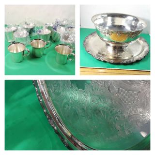 Vintage Wallace 14 Pc Silverplate Harvest Punch Bowl Set Bowl Cups Tray Un -