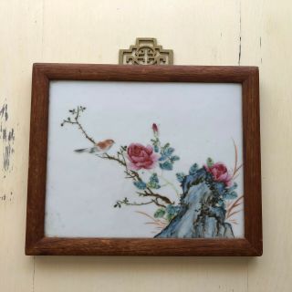 Old Chinese Famille Rose Framed Porcelain Plaque