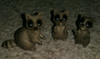 3 Adorable Vintage Hagen Renaker Miniature Raccoons - Mama &2 Babies