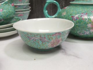 Chinese Qing Guangxu Green Rose Famile Porcelain Teapot Spoon Bowls Qialong Mark 11