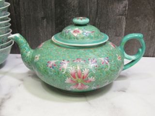 Chinese Qing Guangxu Green Rose Famile Porcelain Teapot Spoon Bowls Qialong Mark 3