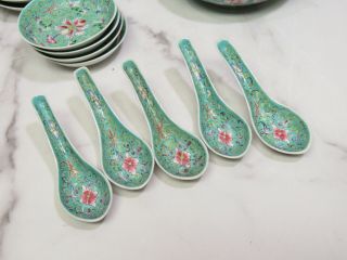 Chinese Qing Guangxu Green Rose Famile Porcelain Teapot Spoon Bowls Qialong Mark 6