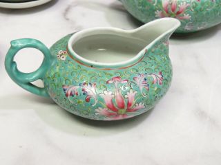 Chinese Qing Guangxu Green Rose Famile Porcelain Teapot Spoon Bowls Qialong Mark 7