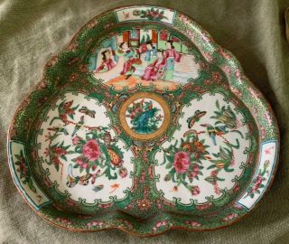 Antique 19th Century Chinese Porcelain Rose Mandarin Dresser Tray Plate Trefoil