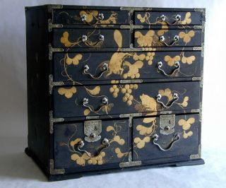 Old Japanese Edo Period 18th 19th Century Black,  Gold Lacquer Chest Of Drawers