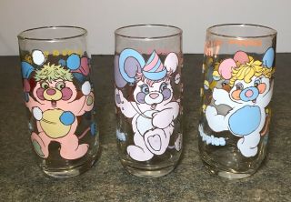 3 Vintage 1986 Popples Glasses Pizza Hut Collector Series Tumblers 6” Anchor