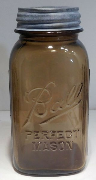 Vintage Amber Quart Fruit Jar - Ball Perfect Mason W/ Zinc Cap