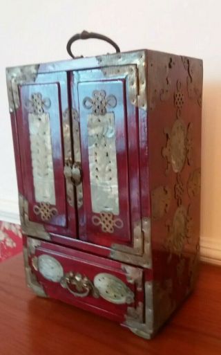 Large Antique Qing Dynasty Chinese Jewellery Box Cabinet Casket Jade Brass 2