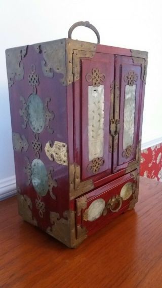 Large Antique Qing Dynasty Chinese Jewellery Box Cabinet Casket Jade Brass 3