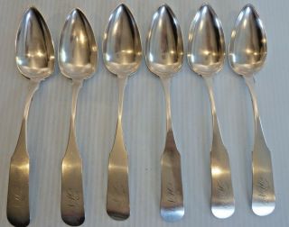 " I.  Adam " Set Of 6 American Coin Silver Tablespoons,  Fiddle Pattern