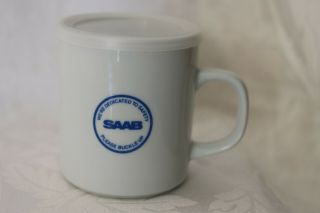 Vintage Saab Coffee Mug Cup Ceramic Color White Blue Letters