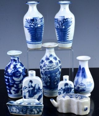 Estatelot Chinese Qing Dynasty Blue White Vases Snuff Bottles Water Dropper Pots