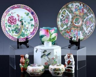 48.  Estate Coll Antique Chinese Famille Rose Phoenix Plate Peach Vase Tea Caddy