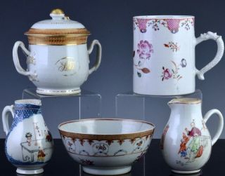 Estate Coll.  18thc Chinese Qianlong Famille Rose Lidded Cup Mug Cream Jugs Bowl