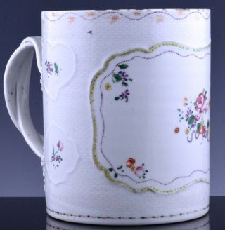 Ex.  Large 18thc Chinese Qianlong Famille Rose Basket Weave Ale Tankard Cup Mug