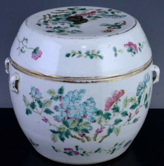 Large 19thc Chinese Famille Rose Floral Landscape Lidded Drum Form Tureen Bowl