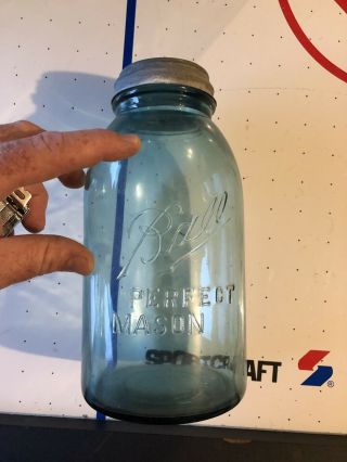 Blue " Ball Mason " Half - Gallon Jar W/ Zinc Lid - Antique Aqua Vintage