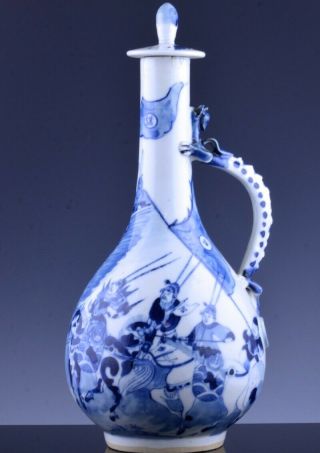 Fine 19thc Chinese Qing Blue White Figural Scenic Dragon Wine Pitcher Jug Ewer 2