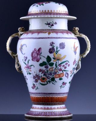 Large 18thc Chinese Qianlong Famille Rose Enamel Dragon Handle Vase Urn