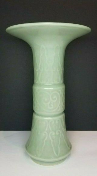 Antique Chinese Celadon Glazed Porcelain Gu Shaped Vase 19th / 20th C.  9.  75 "