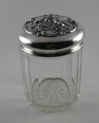 Rare Antique Sterling Silver Glass Tobacco Jar Humidor Shreve Repousse Cherubs
