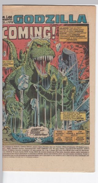 Godzilla King of the Monsters 1 (Marvel,  1977) grade / Herb Trimpe SHIELD 3