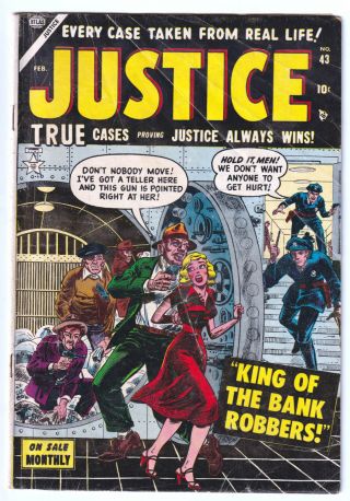 Justice 43 (1954 Atlas) Pre - Code; Lady In Peril Cover; Violent; No Cgcs; Vg 4.  0