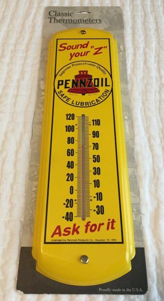 Pennzoil " Sound Your Z " Ask For It - 17 " Yellow Metal Thermometer - Made In Usa