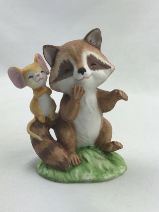 Vintage Raccoon - With - Mouse - Ceramic Figurine 3 - 1/2 " H